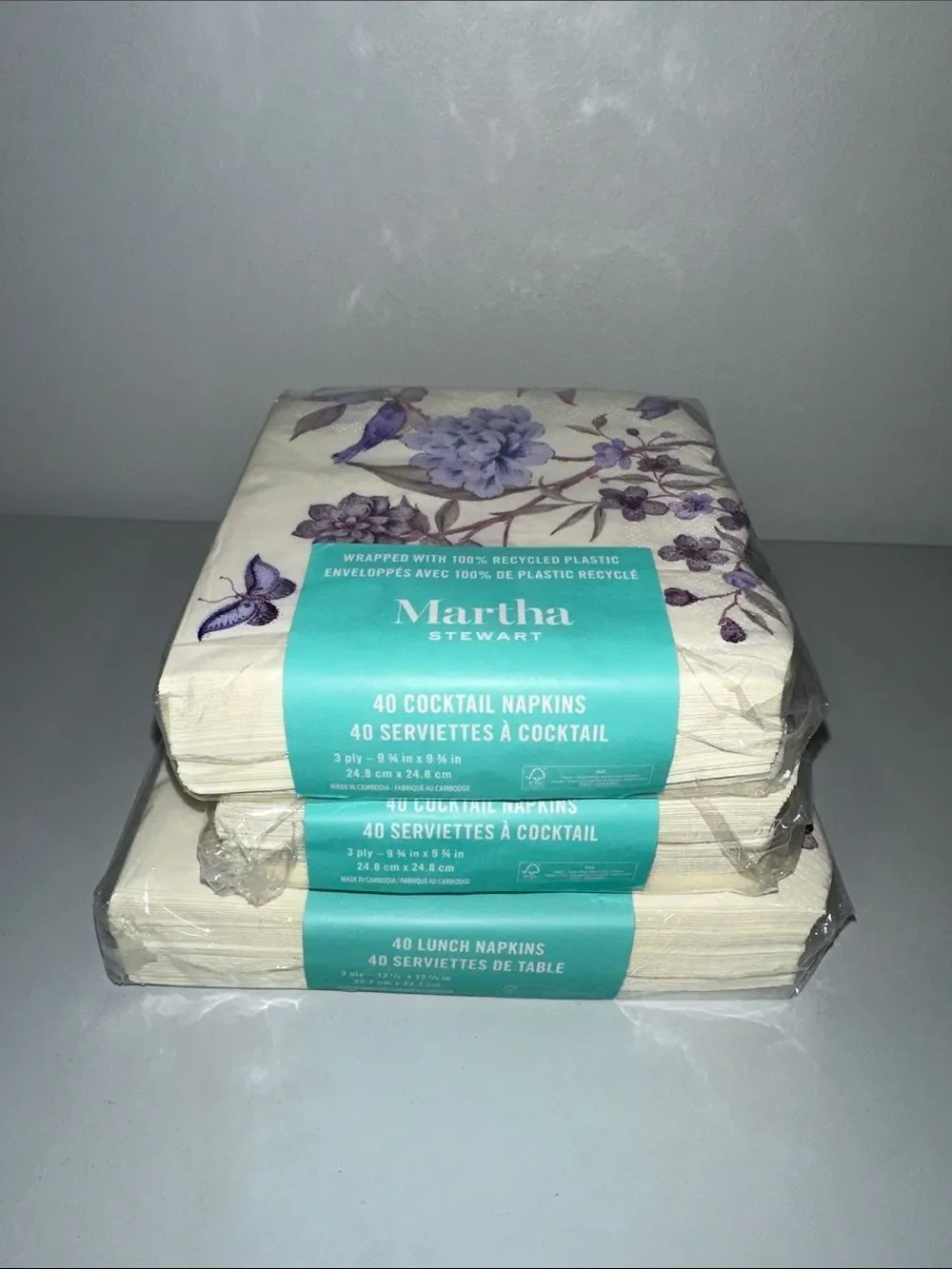 Martha Stewart Ivory Purple Floral Matching Square Cocktail Lunch Napkins 40 x 3